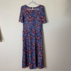 Pact womens blue purple fit & flare scoop short sleeve midi dress L